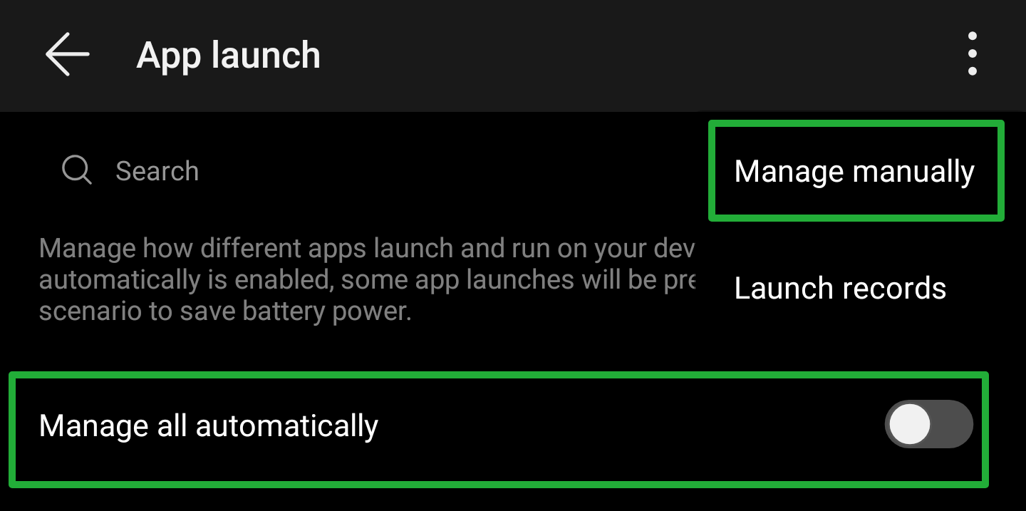App launch settings on Huawei